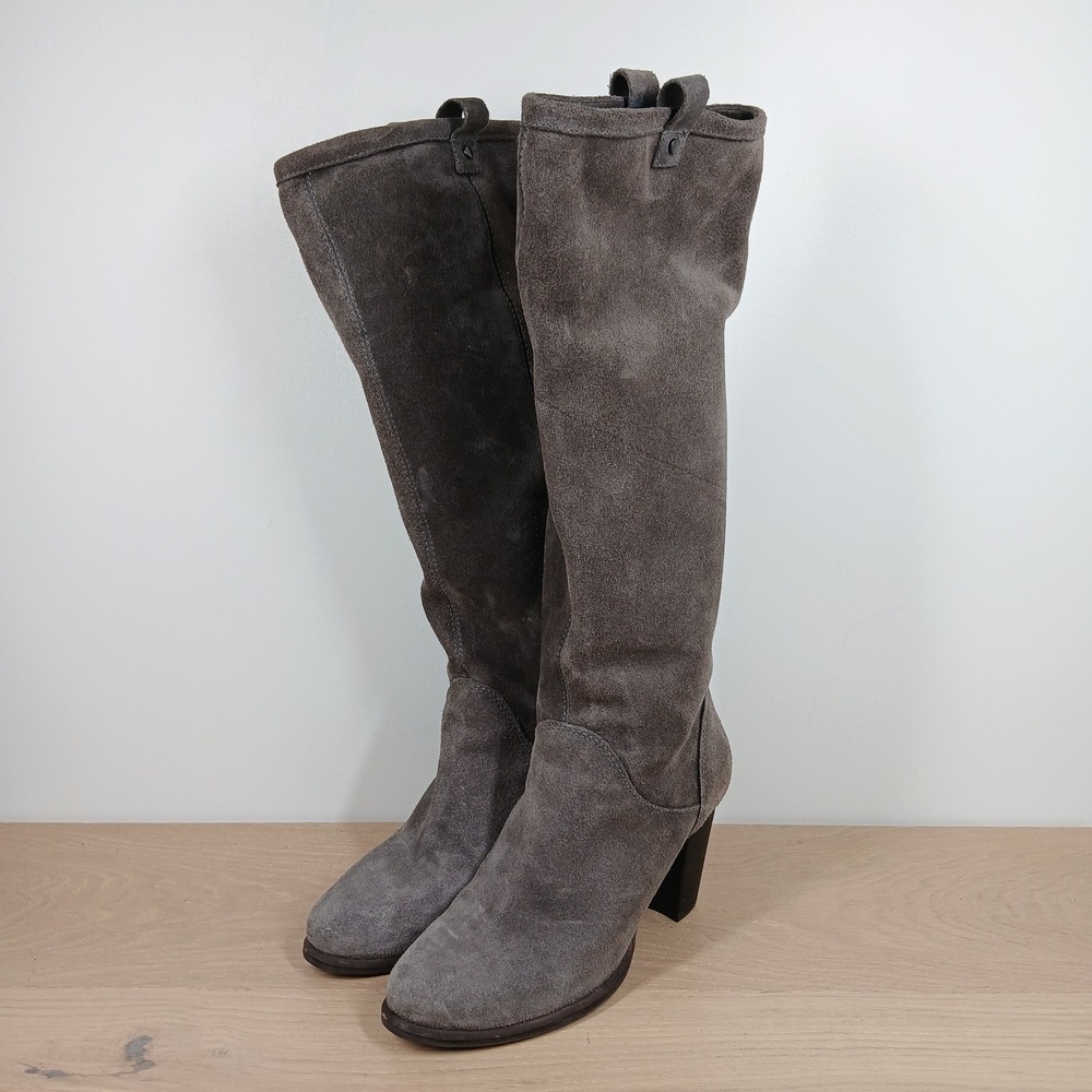UGG Knee High Boots Womens 8.5 Gray Suede Block Heel Side Zip Tall Comfort